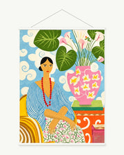 Woman Among Garden Blooms art print with included white cylindrical hanging rods