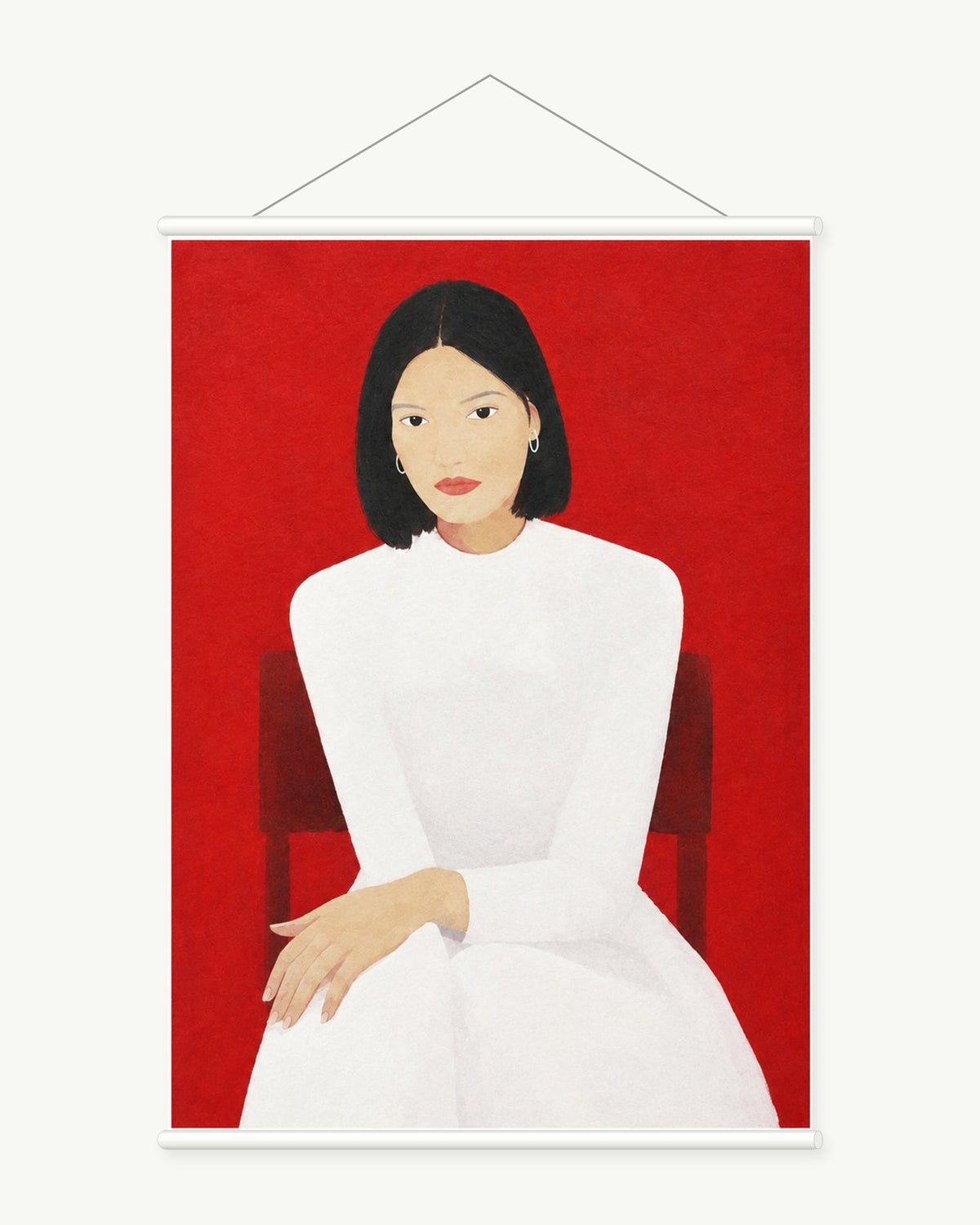 Woman in White art print with included white cylindrical hanging rods