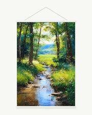 Woodland Stream art print with included white cylindrical hanging rods