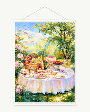 Woodland Tea Party art print with included white cylindrical hanging rods