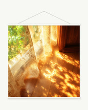 Woven Afternoon Light art print with included white cylindrical hanging rods