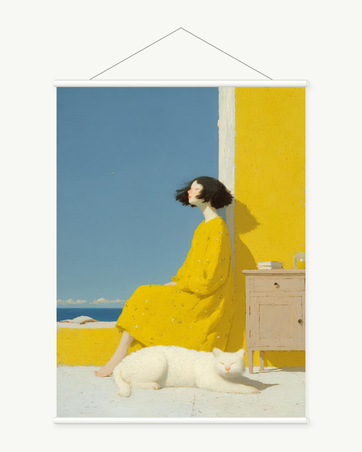 Yellow Dress by Sea art print with included white cylindrical hanging rods