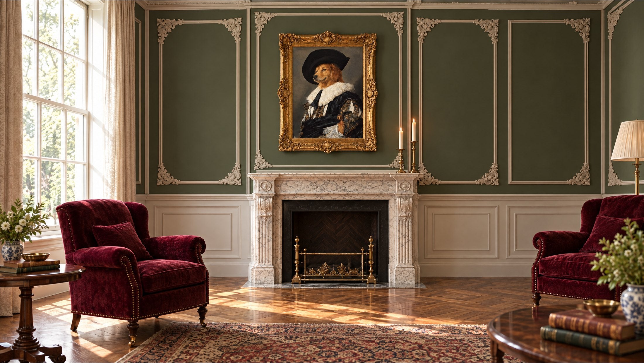Your Pet in a Famous Painting – Custom Portrait from Your Photo | A4 A3 A2 in a gilded frame above a marble fireplace in a classical living room